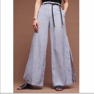Anthropologie Elevenses Striped Linen Wide-Leg Pants New Size 4 Blue and White